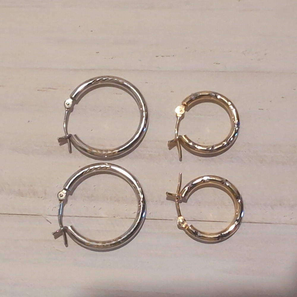 14K Yellow & White Gold Hollow Hoop Earrings - Set Of Two